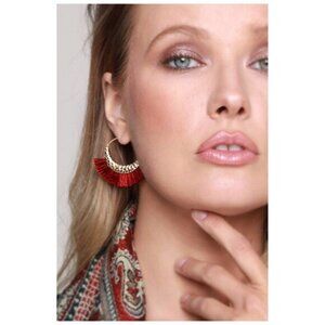 Earrings Hammered Metal Hoop Fine Thread Burgundy Women Trendy Jewelry Gold-tone